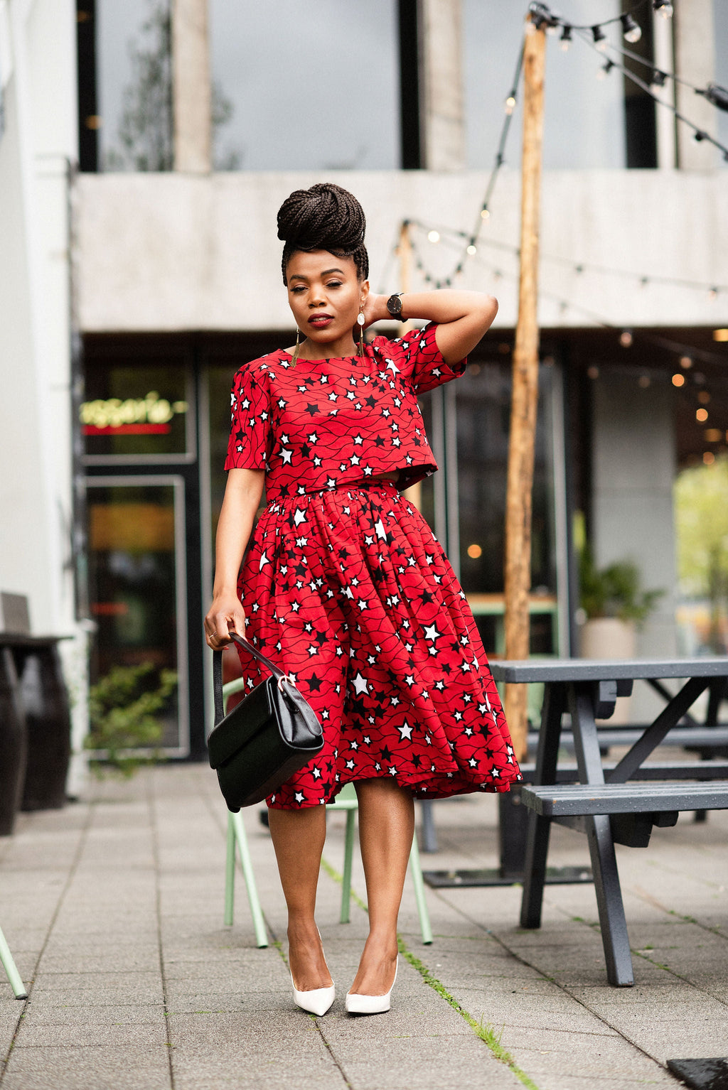 Teju red and white skirt set.