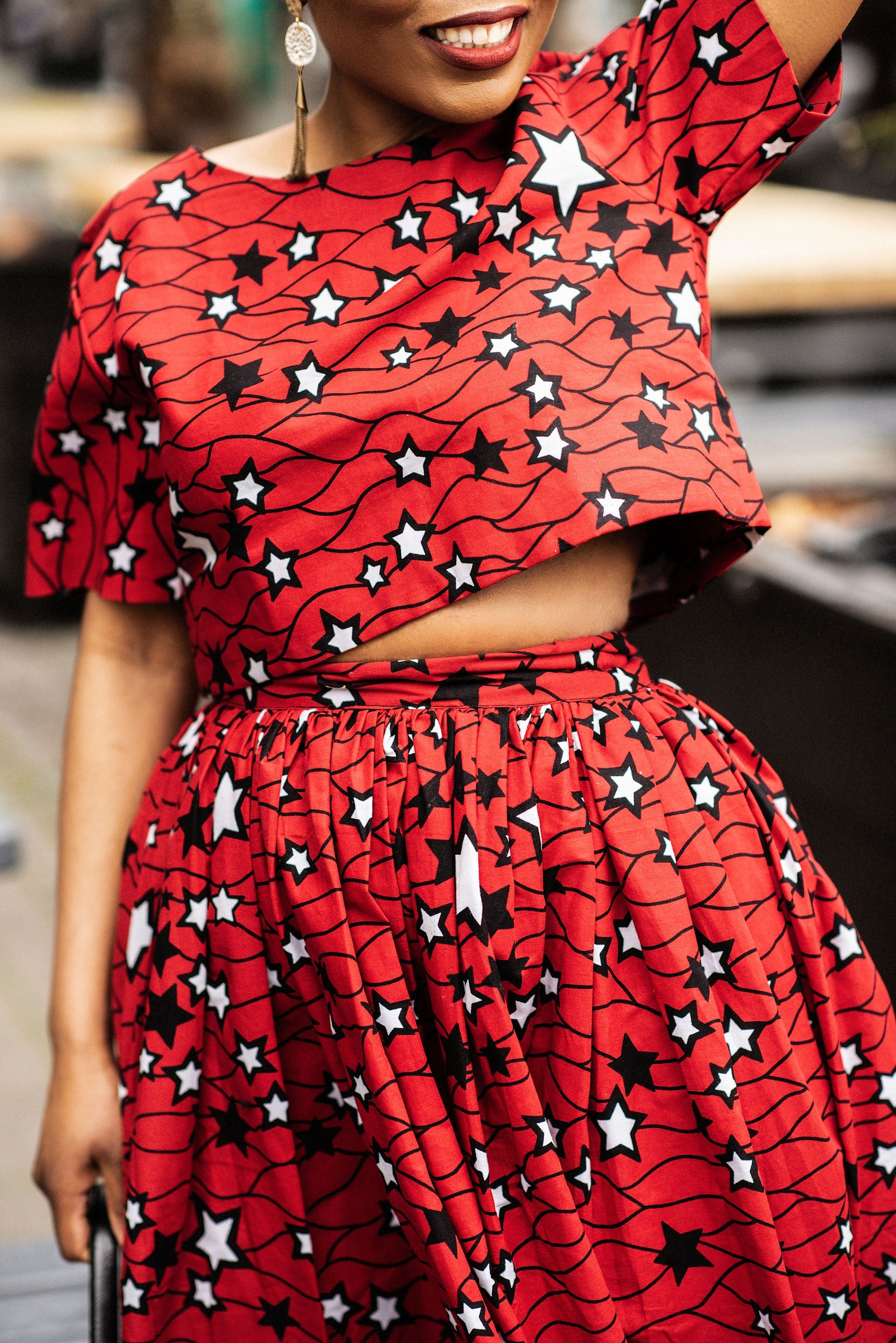 Teju red and white skirt set.