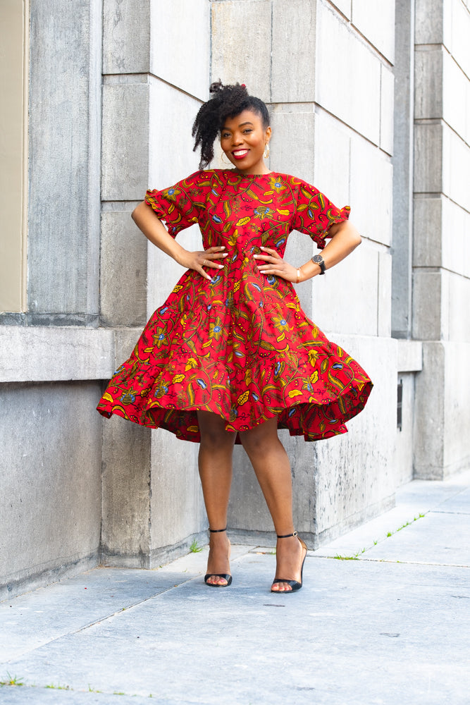 MANDISA RED RUFFLE MIDI DRESS - Heritage Clothings