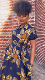Thandiwe Navy Blue and Brown African Print Dress